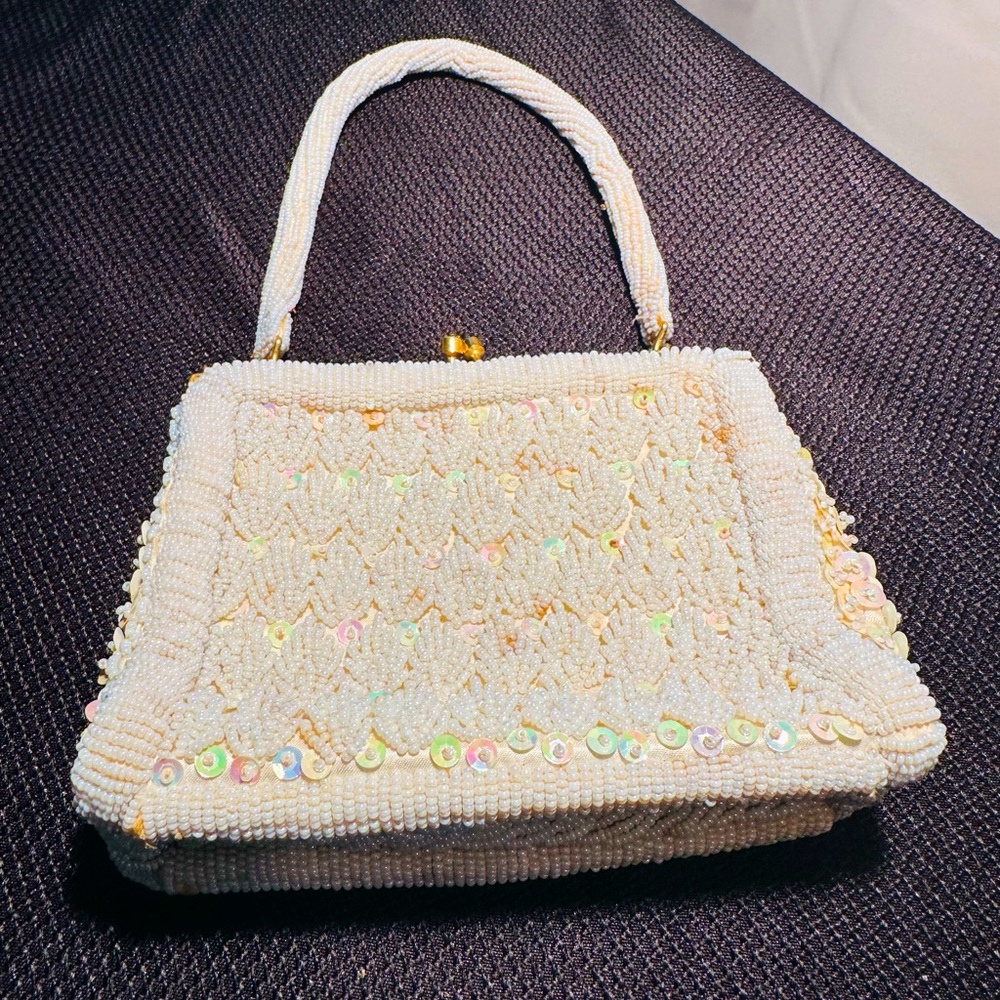 VINTAGE, Ernest Handbag Inc., beaded white ivory, evening bag, wedding small